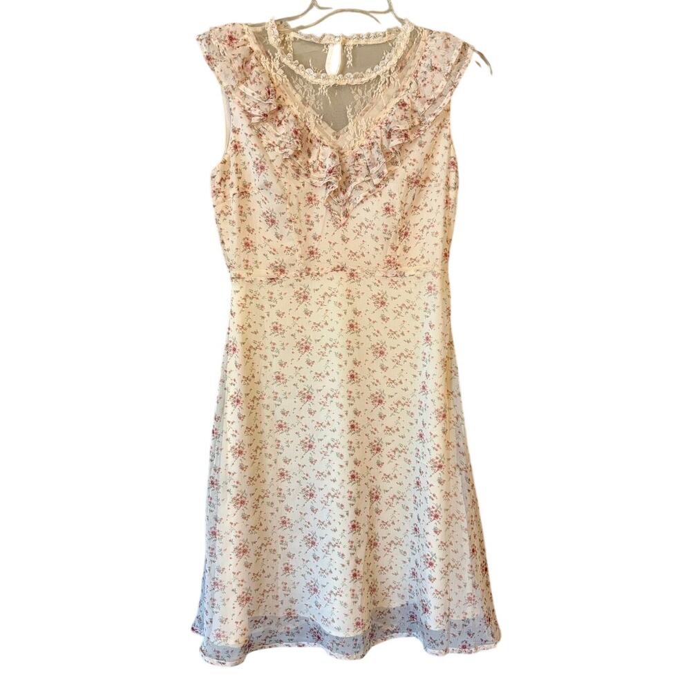 Avantlook Womens Small Cream Floral Print Ruffle Illusion V Neck Dress